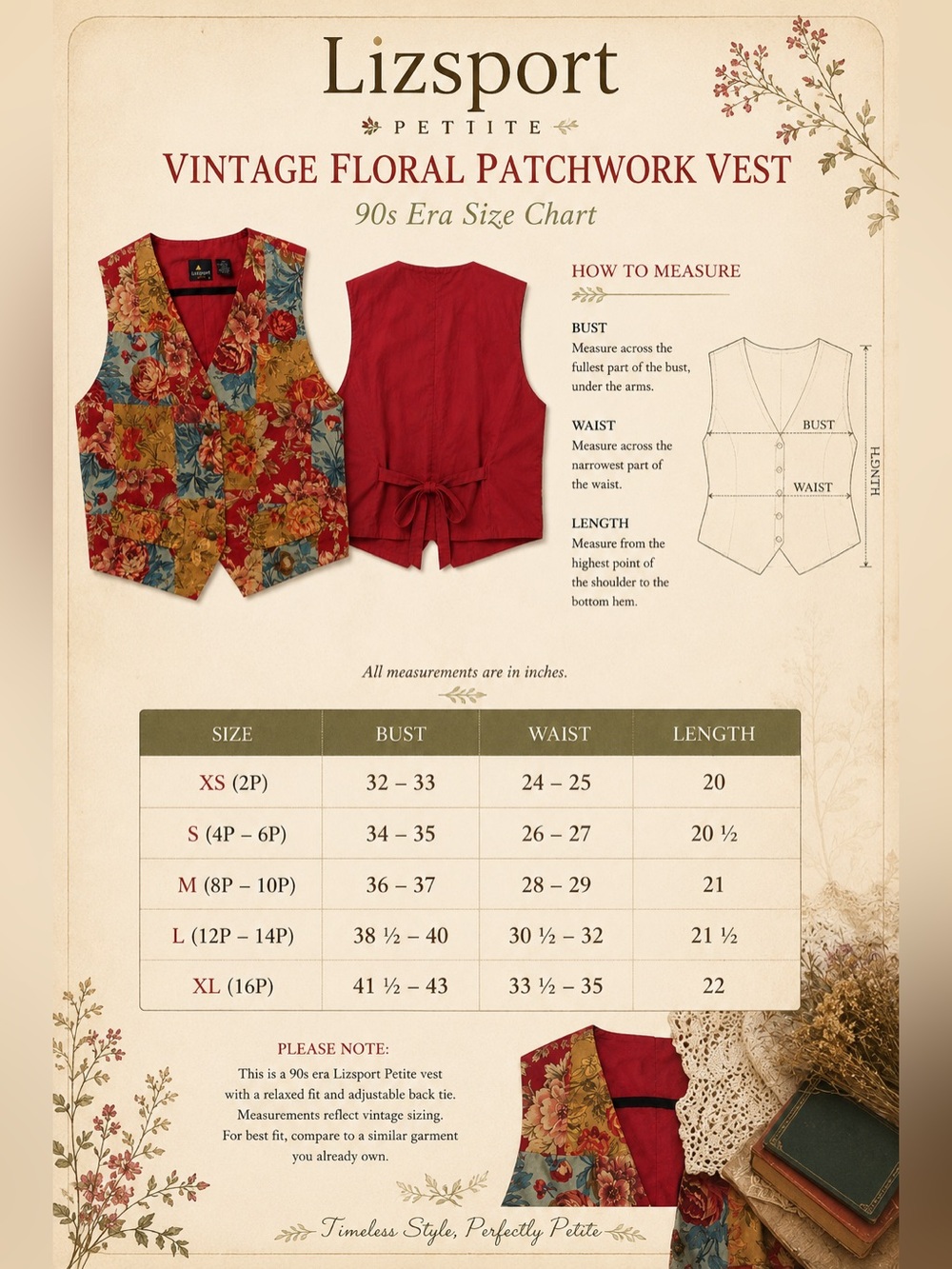 LIZ SPORT Vtg 90s Floral Patchwork Vest Sz S Petite Gramdmacore Boho Cottagecore - Picture 9 of 16